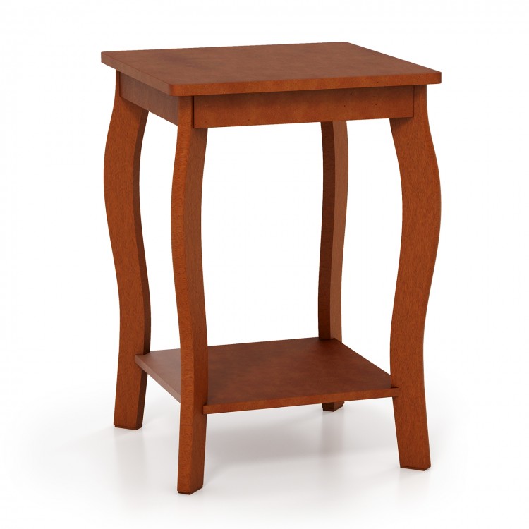 15-inch square end table in walnut with sturdy rubber wood legs and a lower shelf for storage, perfect for small spaces.